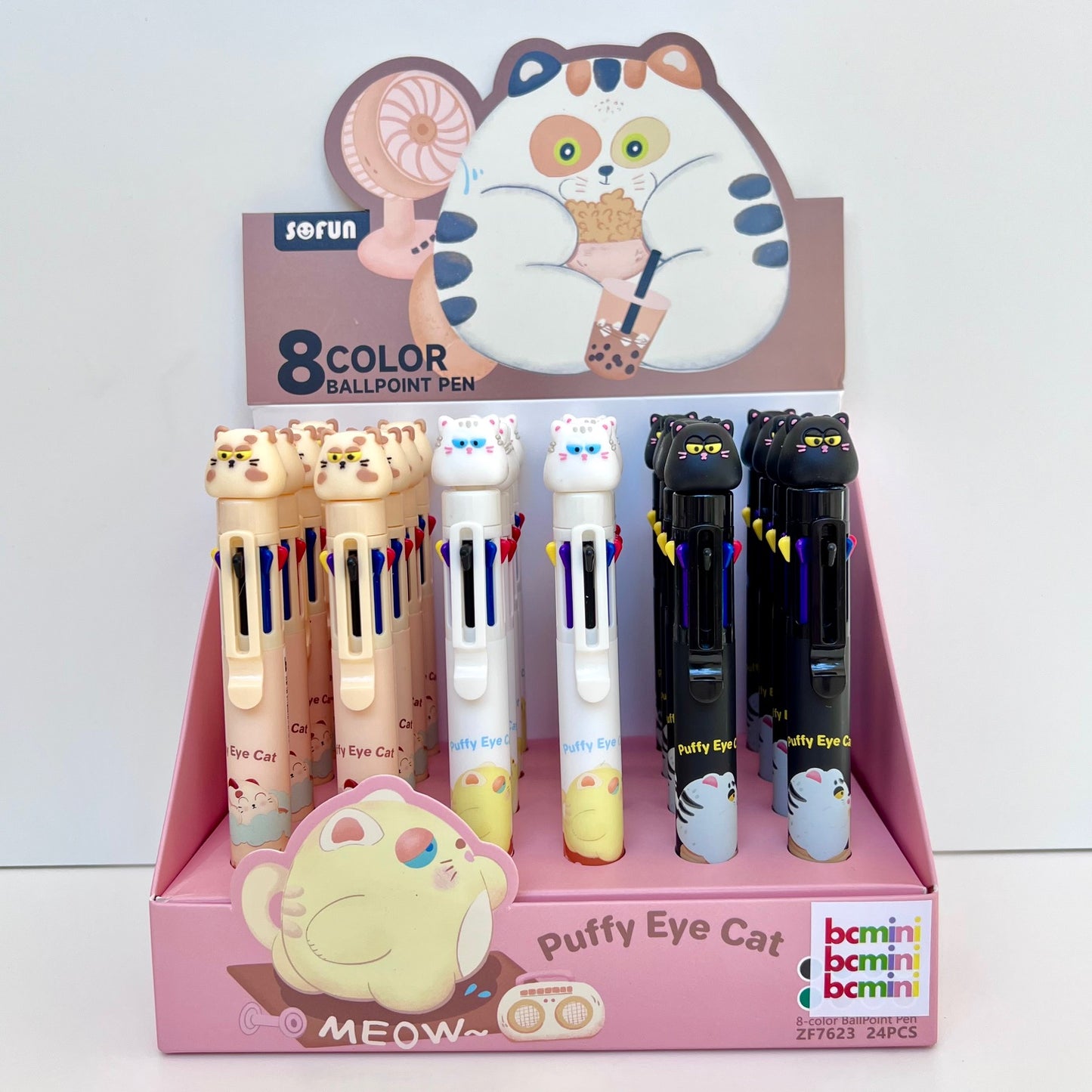 23032 Puffy Eye Cat 8-Color Retractable Ball Pen-24