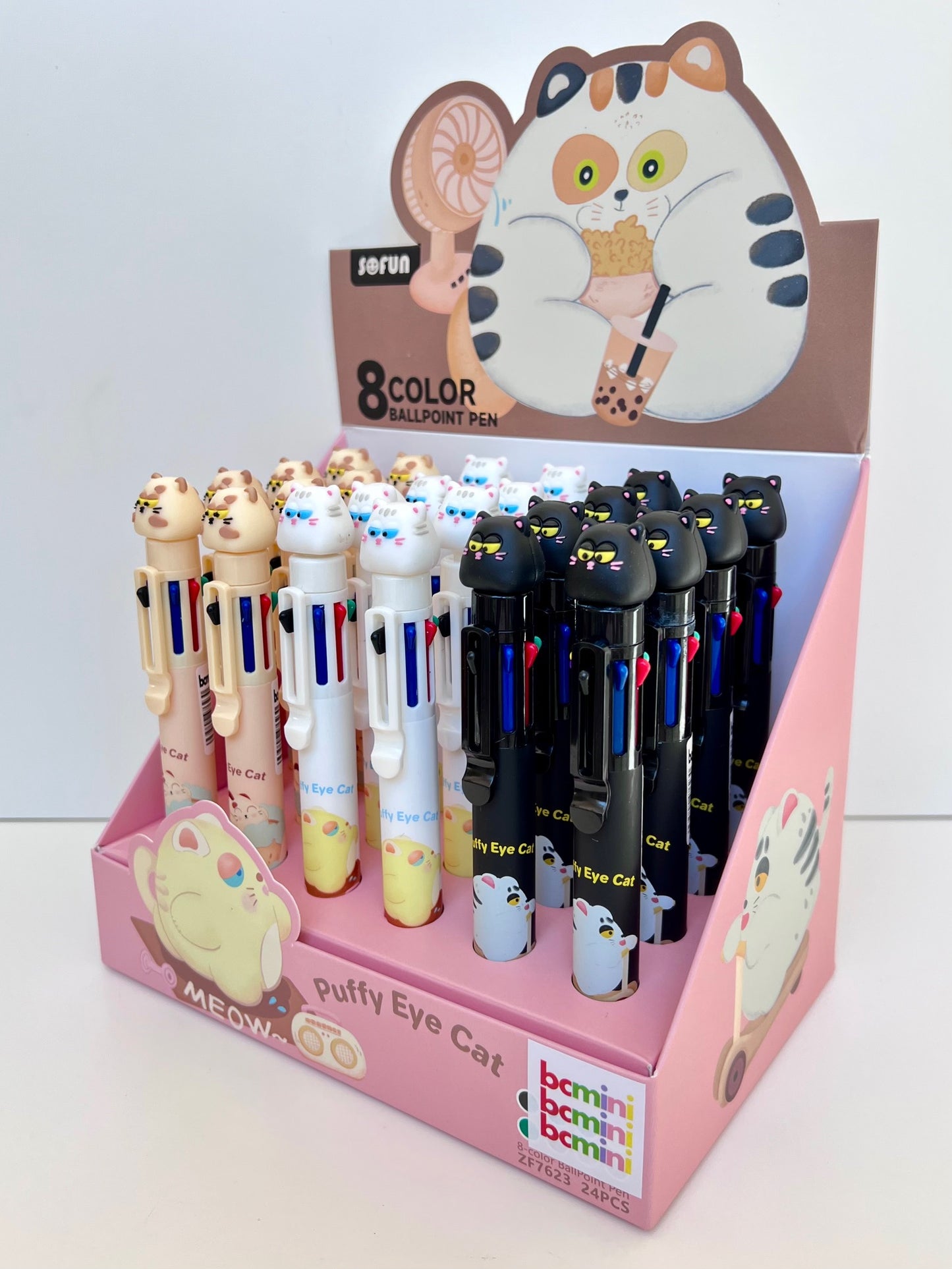 23032 Puffy Eye Cat 8-Color Retractable Ball Pen-24