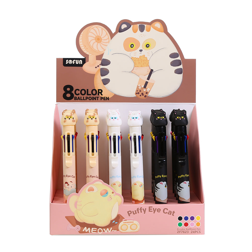 23032 Puffy Eye Cat 8-Color Retractable Ball Pen-24