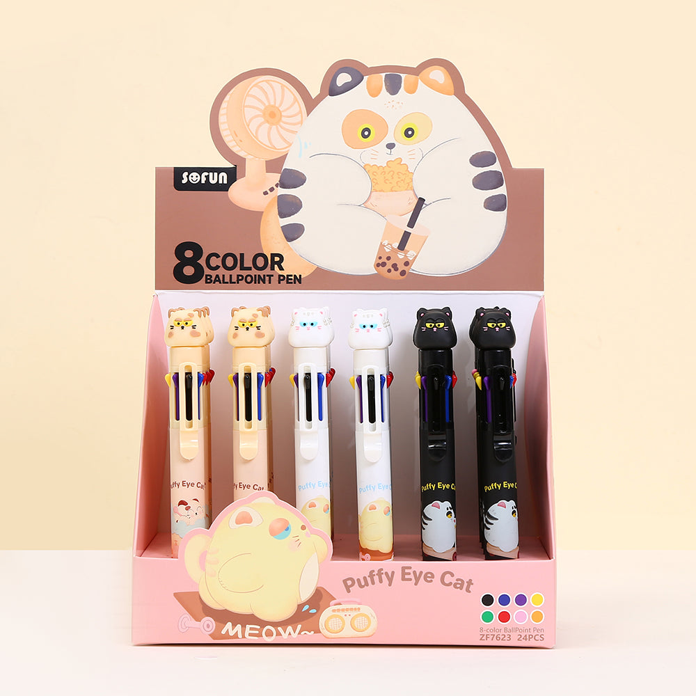 23032 Puffy Eye Cat 8-Color Retractable Ball Pen-24