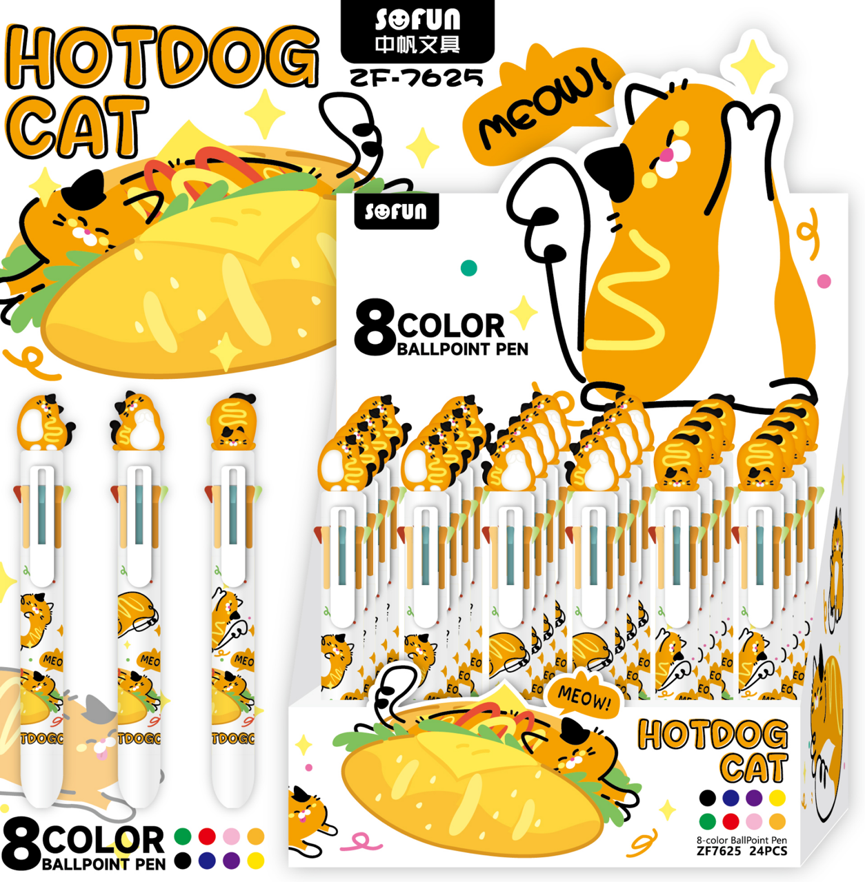 23033 Hot Dog Cats 8-Color Retractable Ball Pen-24