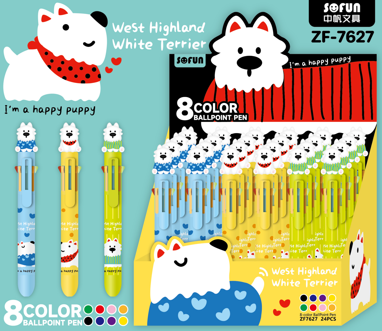23037 White Dog Terrier 8-Color Retractable Ball Pen-24